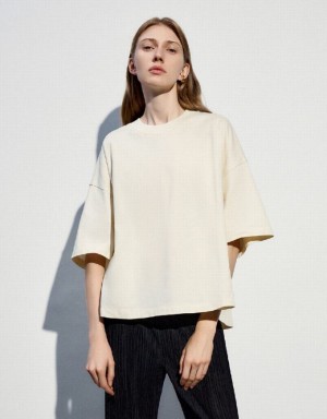 Beige Urban Revivo Crew Neck Oversized Women's T-Shirts | ZUJQGK-961