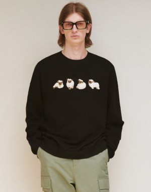 Black Urban Revivo Animals Printed Crew Neck Men's Sweatshirts | BOCEXY-781