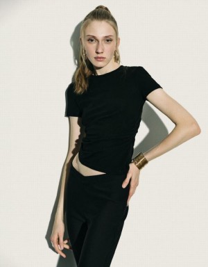 Black Urban Revivo Asymmetric Ruched Women's T-Shirts | NXZGMP-061