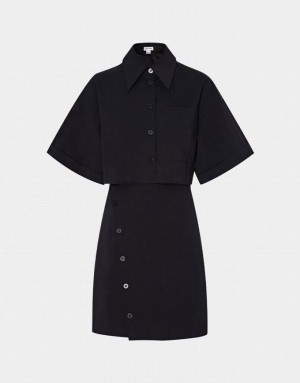 Black Urban Revivo Button Down A-Line Collar Women's Shirt Dress | MDOJXH-604