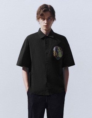 Black Urban Revivo Button Up Oversized Men's Shirts | TJQECP-318