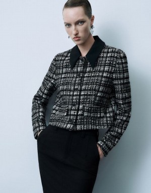 Black Urban Revivo Button Up Tweed Women's Jacket | XUPGVO-785