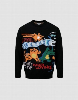 Black Urban Revivo Cartoon Embroidered Crew Neck Men's Sweaters | KNRSJD-253