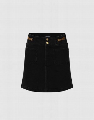 Black Urban Revivo Chian Decor Mini A-Line Women's Denim Skirt | SBZPWT-589