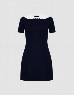 Black Urban Revivo Contrast Collar Women's Knitted Dress | XYWIDQ-573