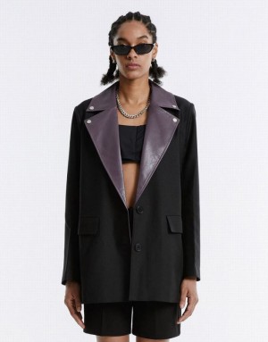 Black Urban Revivo Contrast Color Women's Blazers | HMFIPE-507