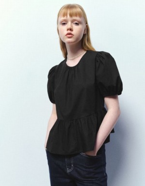 Black Urban Revivo Crew Neck Overhead Women's Blouse | UZRCXF-349