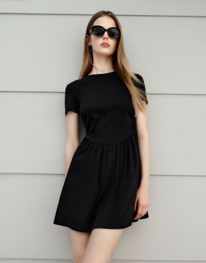 Black Urban Revivo Crew Neck Skater Women's Short Dress | SUPYRC-452