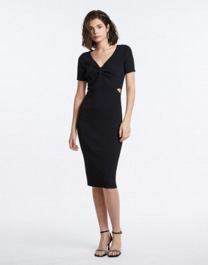 Black Urban Revivo Cut Out Knot Front Midi Women's Knitted Dress | ZXODUN-927