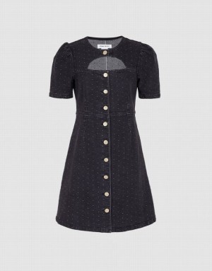 Black Urban Revivo Cut Out Polka Dot Button Front Women's Denim Dress | POIXHS-187