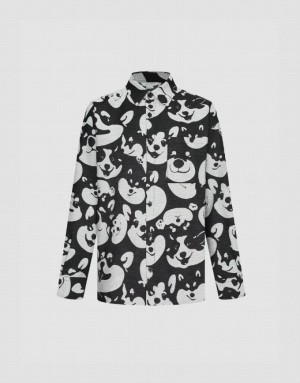 Black Urban Revivo Dog Printed Oversized Men's Shirts | ZIQNTR-685