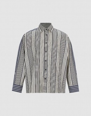 Black Urban Revivo Dolman Sleeve Striped Loose Men's Shirts | RXLIJP-360