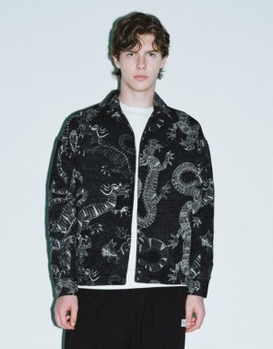 Black Urban Revivo Dragon Printed Straight Men's Jacket | LONQPV-854