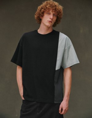 Black Urban Revivo Drop Shoulder Sleeve Crew Neck Men's T-Shirts | LDUJWX-596