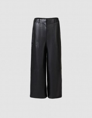 Black Urban Revivo Faux Leather Wide Leg Women's Pants | IHRZJT-325