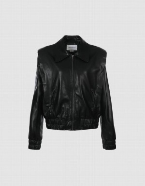 Black Urban Revivo Faux Leather Zippered Women's Jacket | SOIAYD-034