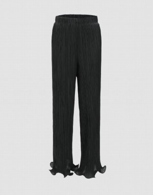 Black Urban Revivo Frill Trim Loose Straight Women's Pants | GNTFBH-309