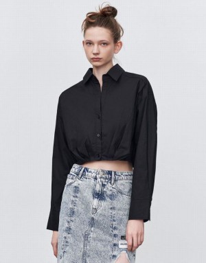 Black Urban Revivo Gathered Waist Cropped Cotton Women's Shirts | OBHLNW-812