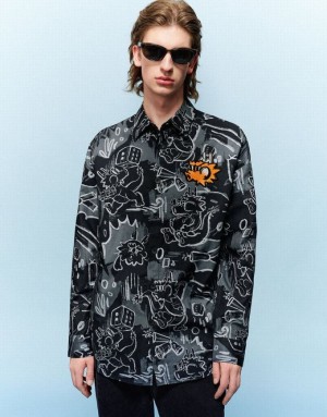 Black Urban Revivo Graffiti Printed Button Up Loose Men's Shirts | XMIRGQ-481