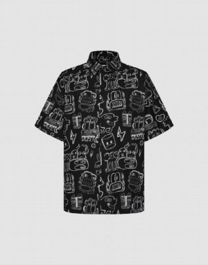 Black Urban Revivo Graffiti Printed Oversized Men's Shirts | UOZJHB-269