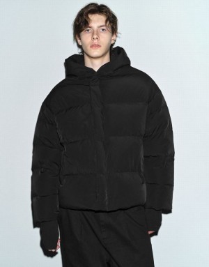 Black Urban Revivo Hooded Loose Men's Puffer Jacket | HPYXLU-341