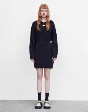 Black Urban Revivo Hooded Women's Knitted Dress | ENXSHV-950