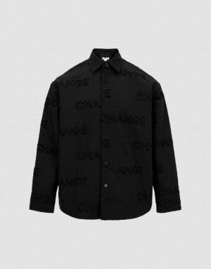 Black Urban Revivo Letter Printed Button Up Oversized Men's Shirts | LIESPA-053