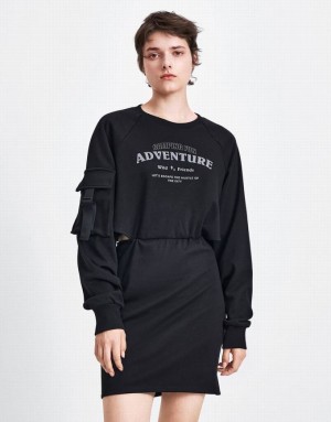 Black Urban Revivo Letter Printed Crew Neck A-Line Women's Dress | XRVSQM-039