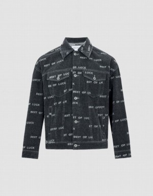 Black Urban Revivo Letter Printed Men's Denim Jackets | GFZEOK-069