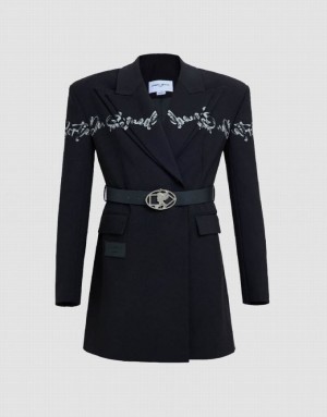 Black Urban Revivo Letter Printed Tailored With Belt Women's Blazers | BIJNMP-394