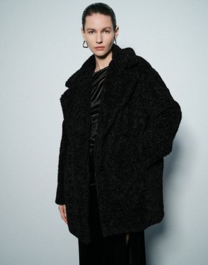 Black Urban Revivo Notch Lapel Longline Furry Women's Coats | NXUSBE-794