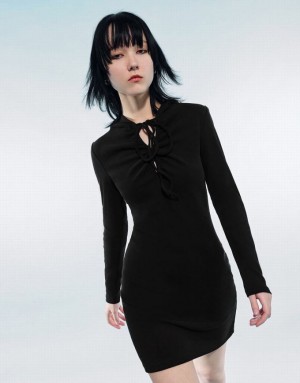 Black Urban Revivo O-Ring Hooded Skinny Women's Dress | NJDBVP-813