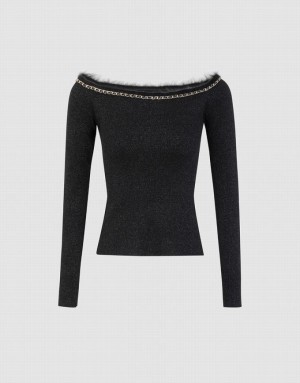 Black Urban Revivo Off-Shoulder Knit Women's Cardigan | VHBWPO-091