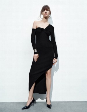 Black Urban Revivo One Shoulder Skinny Women's Knitted Dress | WLJKUT-247