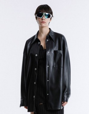 Black Urban Revivo Patch Pocket Faux Leather Women's Shirts | ABVQDR-834