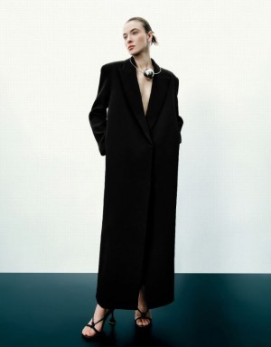 Black Urban Revivo Peaked Lapel Long Women's Coats | NERAGU-485