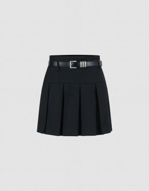 Black Urban Revivo Pleated Mini A-Line With Belt Women's Skirts | PGBSLV-569