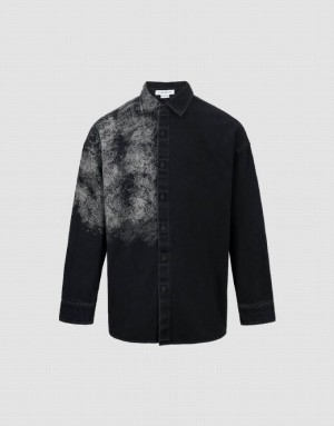 Black Urban Revivo Printed Loose Denim Men's Shirts | GNWVUE-983