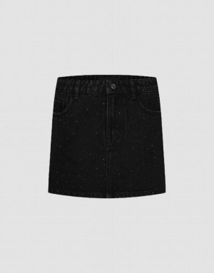 Black Urban Revivo Rhinestone Decor Mini Straight Women's Denim Skirt | VHQGMW-957