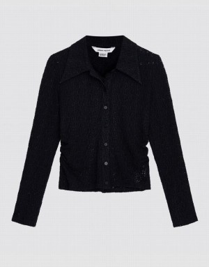 Black Urban Revivo Ruched Button Up Fitted Women's Shirts | UKPVTY-587