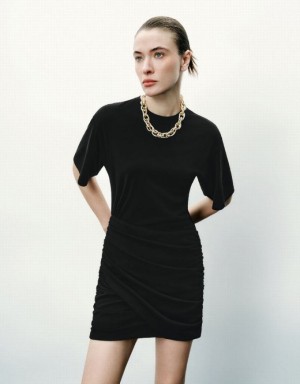 Black Urban Revivo Ruched Crew Neck Skinny Women's Dress | WOLQIF-672