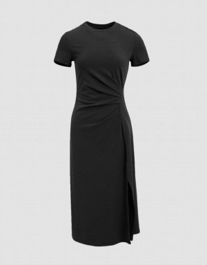 Black Urban Revivo Ruched Crew Neck Straight Women's Dress | BOLPUK-902