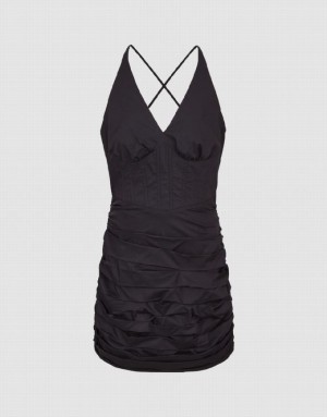 Black Urban Revivo Ruched Sleeveless V-Neck Skater Women's Short Dress | FRPYZH-572