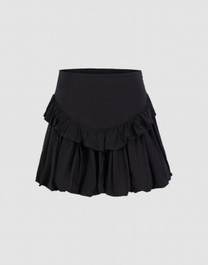 Black Urban Revivo Ruffled Ruched Women's Skirts | KIGPTR-035