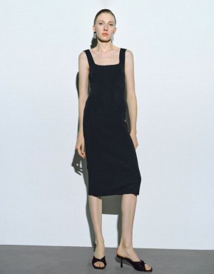 Black Urban Revivo Sleeveless Square-cut Collar Women's Knitted Dress | SEUGIH-751