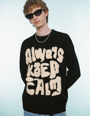 Black Urban Revivo Slogan Embroidered Knitted Men's Cardigan | CSTJOP-183