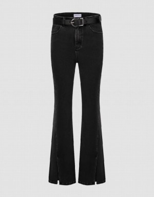 Black Urban Revivo Split Hem Flare With Belt Women's Jeans | RYJOWT-872