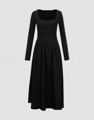 Black Urban Revivo Square Neck A-Line Women's Knitted Dress | SJEWYK-370