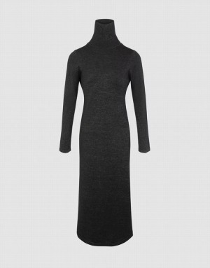 Black Urban Revivo Stand Collar Split Women's Knitted Dress | URNOAS-936