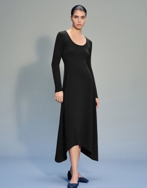 Black Urban Revivo Standard Sleeve U Neck A-Line Women's Dress | VRXWGP-304